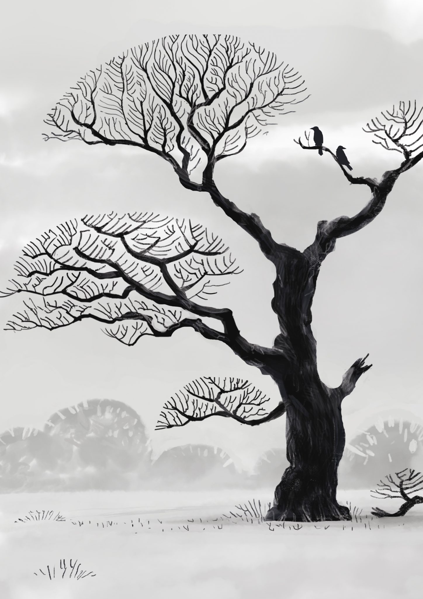 Ein kahler Baum im Winter mit Krähen